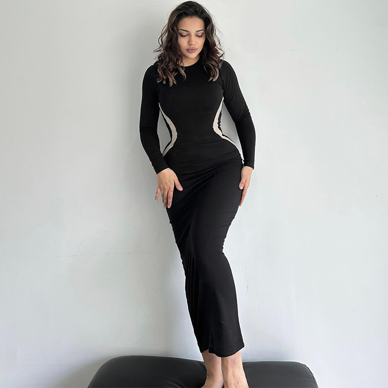 Women's Slim Fit Long Sleeve Round Neck Dress In Solid Colour_voghion.com