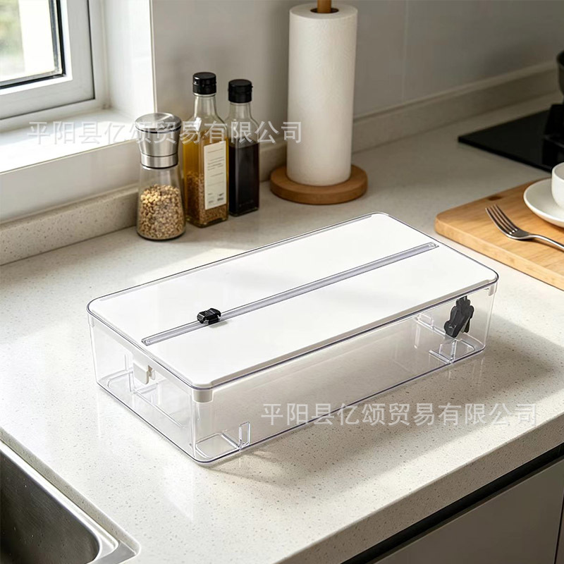 Kitchen cling film cutter and storage box, transparent rectangular design with lid, dust-proof cling film container, household storage rack