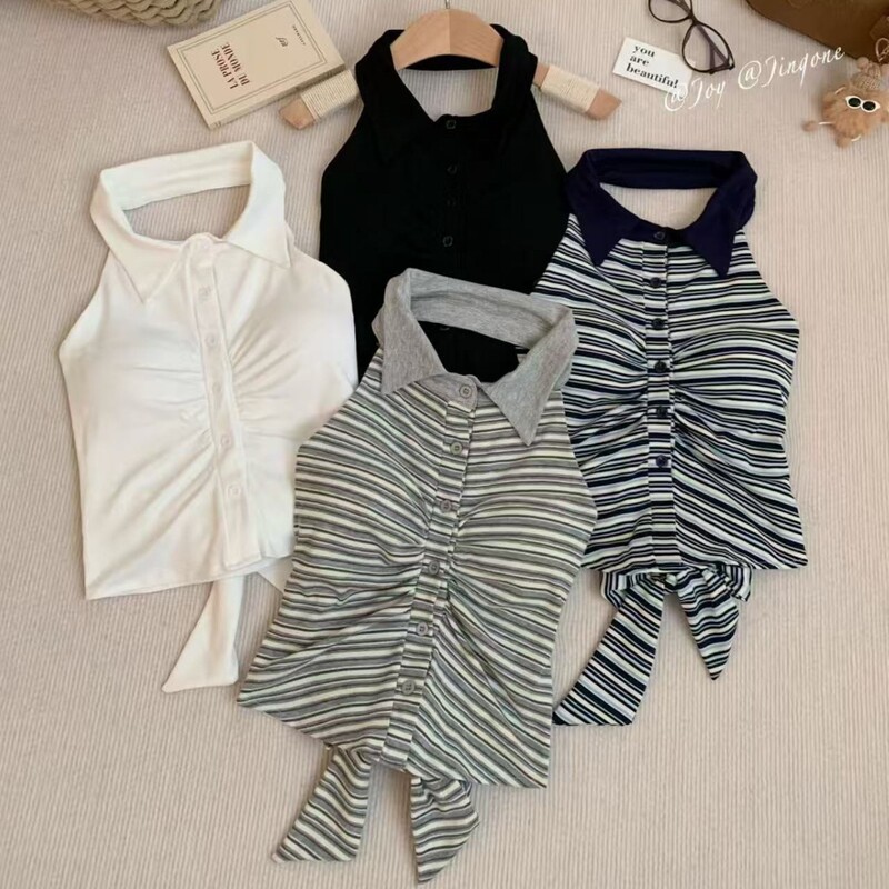 Hot Girl College Style Polo Collar Striped Halter Neck Sleeveless Tank Top for Women with Chest Pads, Waist-Cinching Straps, and Backless Design
