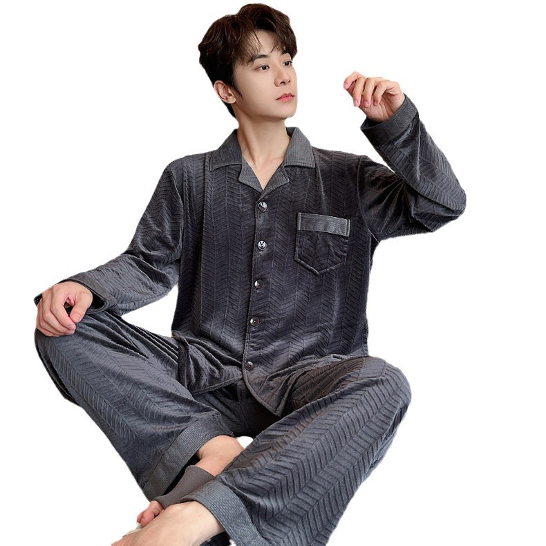 섬 벨벳 파자마 남자 가을 겨울 얇은 벨벳 따뜻한 산호 벨벳 홈 옷 봄과 가을 남성 카디건 얇은 벨벳 세트