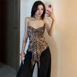 美式复古豹纹印花背心女2025夏季性感辣妹小众设计感露背抹胸上衣