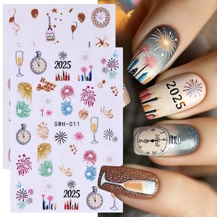 Cross-border New Christmas Nail Art Stickers Glitter Gold Christmas Cow Cartoon Little People Champagne New Year Nail Stickers