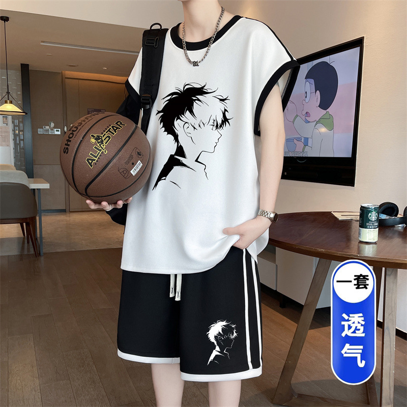 青少年休闲运动套装男生初中生冰丝速干无袖t恤大童夏装潮牌背心T