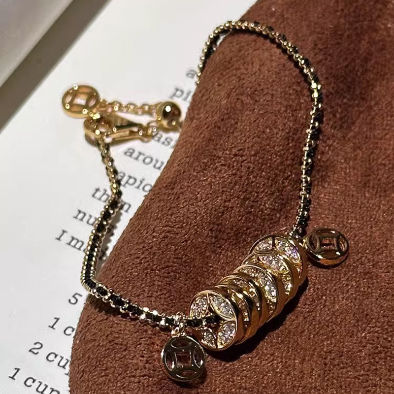 Xiaohongshu's Popular Full-Diamond Gold Coin Black Gold Bracelet 2025 New Style Lucky Coin Hand Jewelry Dropshipping