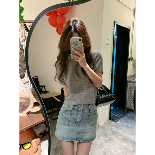 KANING Autumn miu strap diamond crew neck T-shirt women 2025 new loose knit top versatile short sleeve top