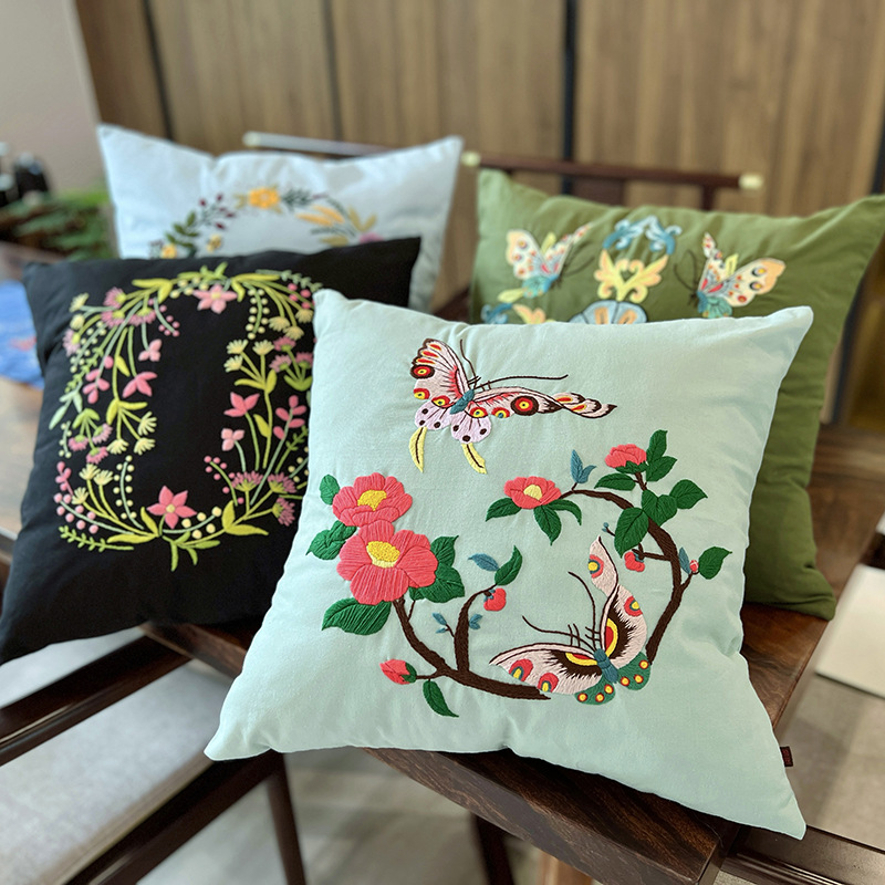 Funda de cojín bordada estilo chino con flores y aves