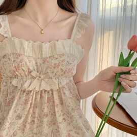 2025夏季新款吊带睡裙子女韩版蕾丝花边带胸垫家居服可外穿碎花裙