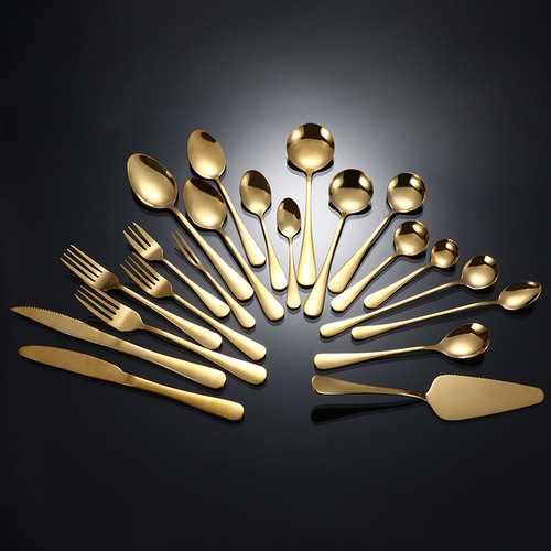 Set of 1010 Gold-Plated Stainless Steel Western Cutlery Coffee Stirrer Cake Spatula Steak Knife Fork Set for Hotel
