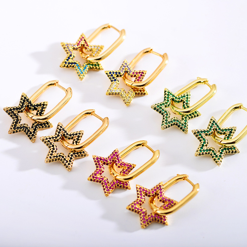 1 Pair Retro Square Star Stainless Steel Inlay Artificial Gemstones Earrings display picture 5