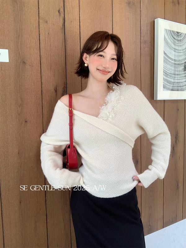 秀熙熙2025秋季新款白标宽松长袖V领花朵针织衫上衣羊毛衣女25370|undefined