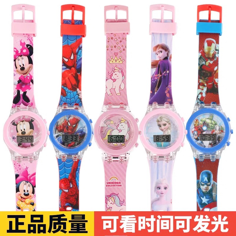 Children's Cartoon Luminous Watch Marvel Spider-Man Boy Unicorn Princess Elsa Flashing Electronic Toy Watch