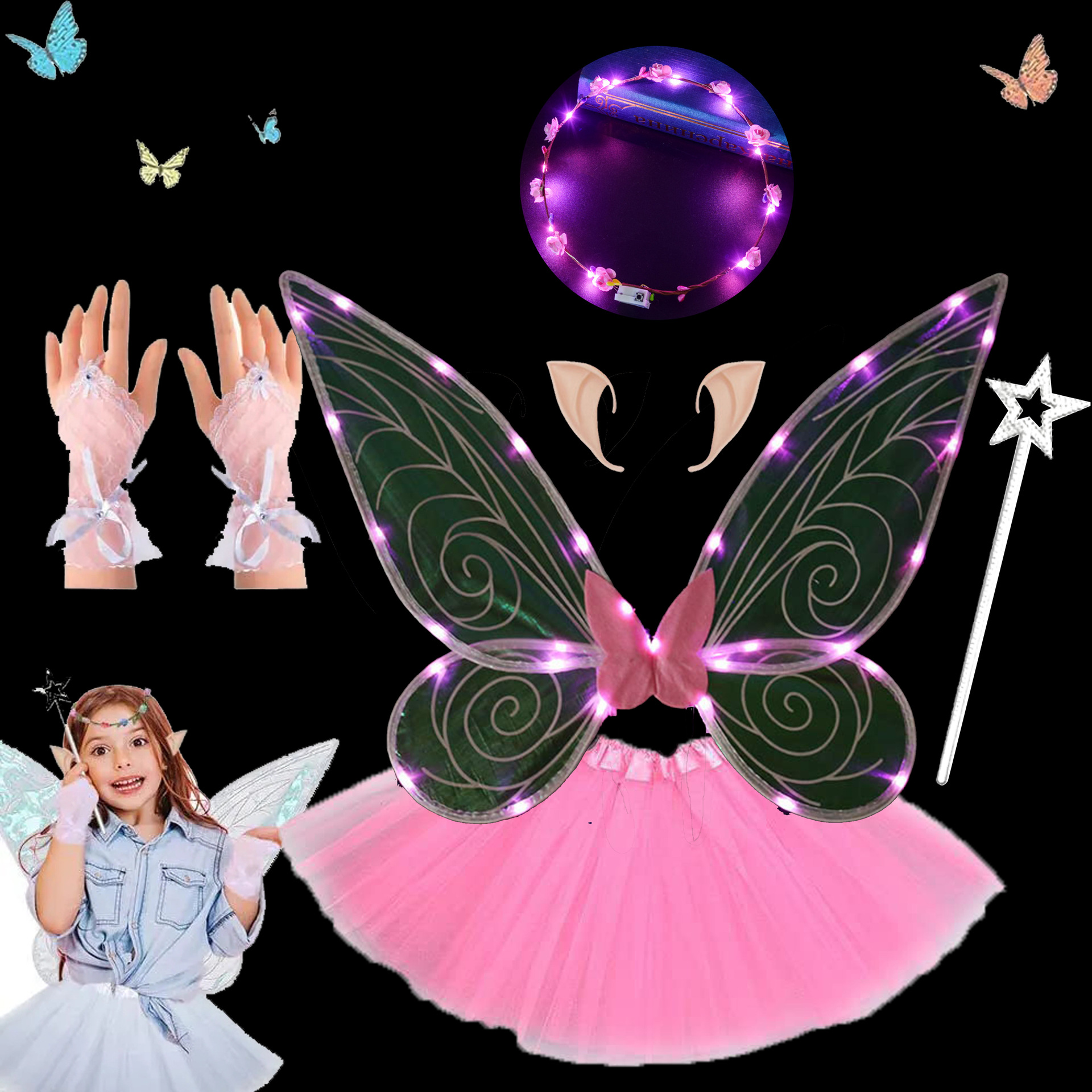 Navidad Nuevo estilo de emisión de luz ELF alas fiesta de vacaciones con flash mariposa Halloween accesorios de rendimiento para niños