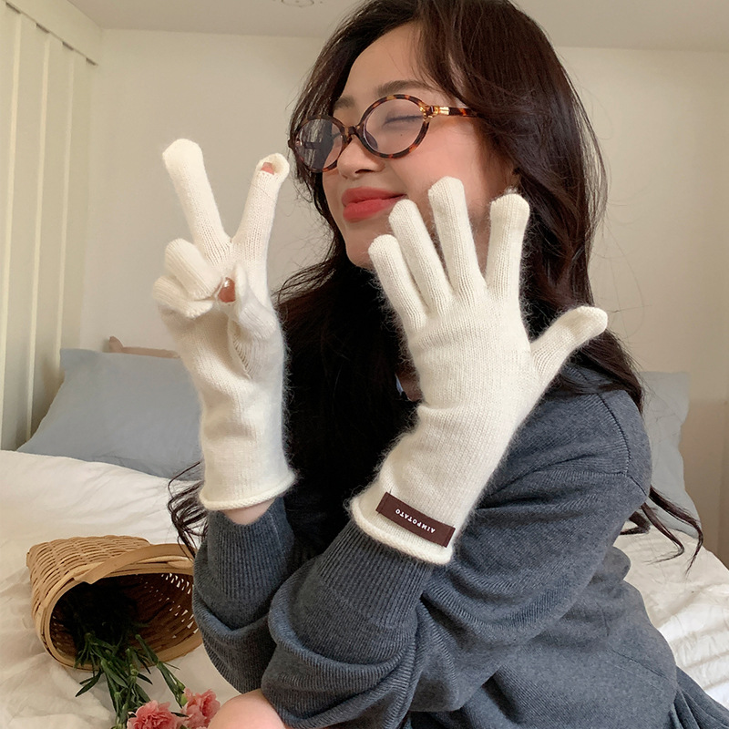 Herbstliche, weiche, einfarbige Spitzenwolle für Damen, warme, gestrickte Fünf-Finger-Handschuhe mit Touchscreen-Funktion für den Winter._voghion.com