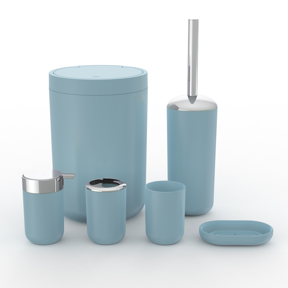 Plástico de color sólido plateado seis piezas conjunto de cepillo de dientes caja de jabón cepillo de inodoro almacenamiento baño conjunto de lavado