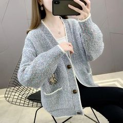 新款彩点v领宽松百搭外搭软糯秋季穿搭慵懒风针织开衫毛衣外套女