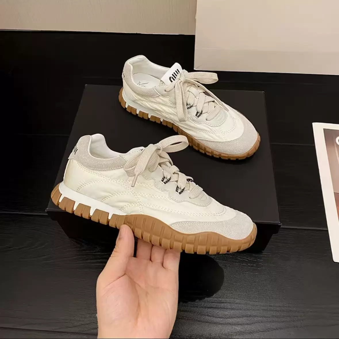 现货miu家新款饼干底德训鞋女真皮系带休闲板鞋女百搭运动老爹鞋