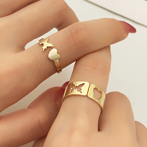 Cross-border exclusive AliExpress new Western-style jewelry Two-in-one openwork butterfly heart ring Gold and silver color