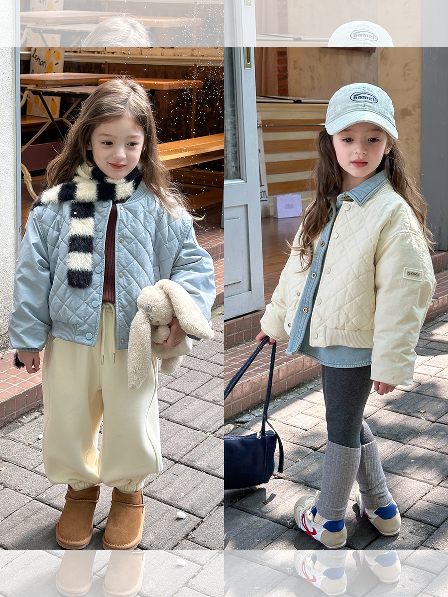 [quilted] aimo baby girls‘ winter short western style cotton-padded clothes children‘s korean-style labeling rhombus cotton coat jacket