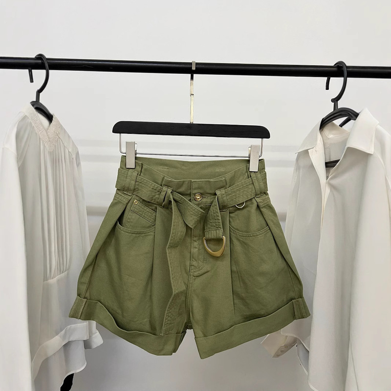 AJ High Waist Three-Dimensional Cut Metal Button Paper Bag Denim Shorts