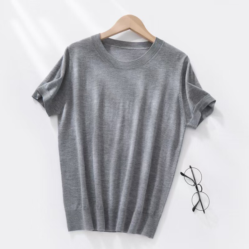Ultra-Fine 100% Fine-Spun Wool Short-Sleeve Women's Spring/Summer Thin Round-Neck Breathable Versatile Knit Half-Sleeve Top for Layering Ultra-Fine 100% Fine-Spun Wool Short-Sleeve Women's Spring/Summer Thin Round-Neck Breathable Versatile Knit Half-Sleeve Top for Layering