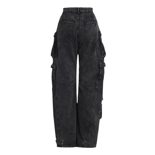 Streetwear Fashion Ash Grey Patchwork Multi-Pocket Work Pants, Street Washed Distressed Long Length Wide Leg Pants