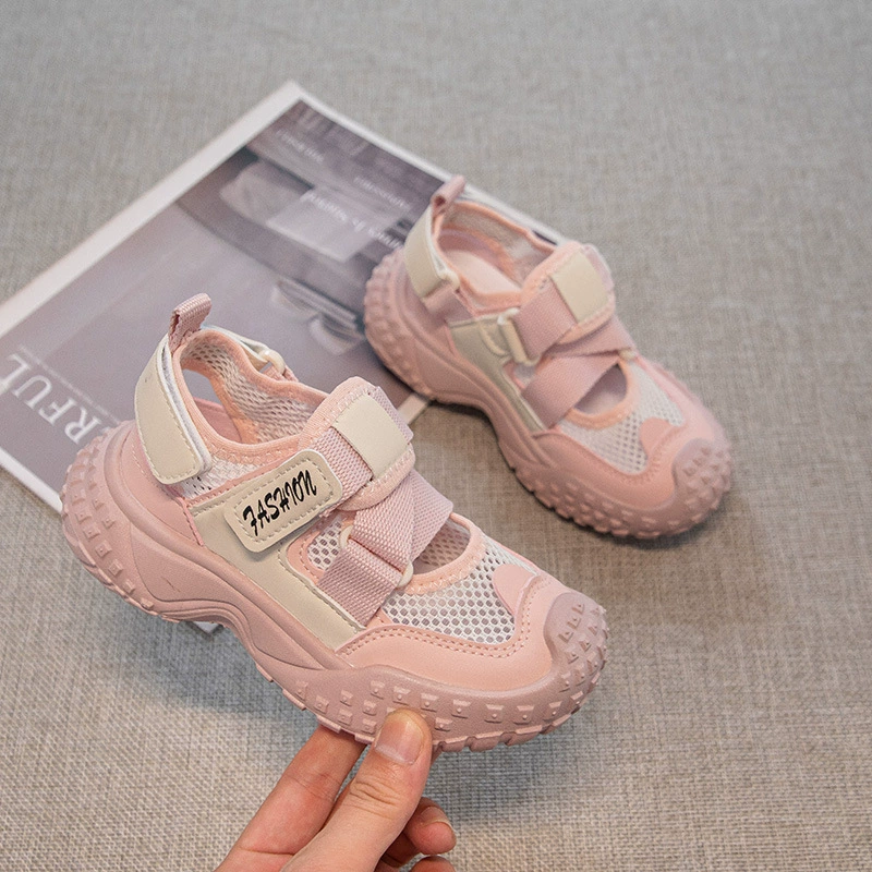 Детские спортивные сандалии для девочек лето 2025, закрытый носок, большие размеры, сетчатая мягкая подошва, нескользящие.