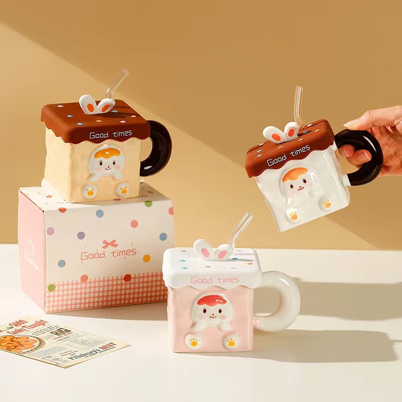 Taza de conejo lindo con tapa pajita regalo de corazón de niña creativa taza de desayuno de cerámica cuadrada taza de oficina