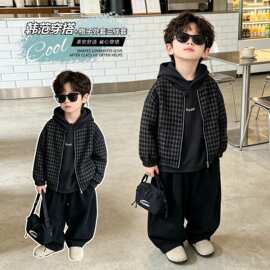 男童秋装套装新款儿童格子外套连帽卫衣三件套男孩洋气衣服潮