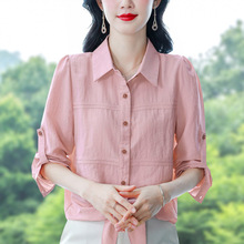 2025秋季新款时尚棉麻长袖衬衫女下摆打结系带设计感小众洋气上衣