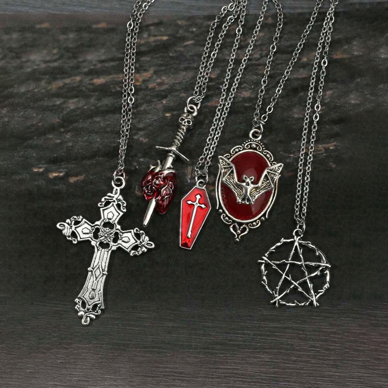 5-Piece Set Y2K Retro Punk Rock Style Bat, Coffin, Star-Shaped Pendant Necklace Gothic Dark Style 5-Piece Set Y2K Retro Punk Rock Style Bat, Coffin, Star-Shaped Pendant Necklace Gothic Dark Style