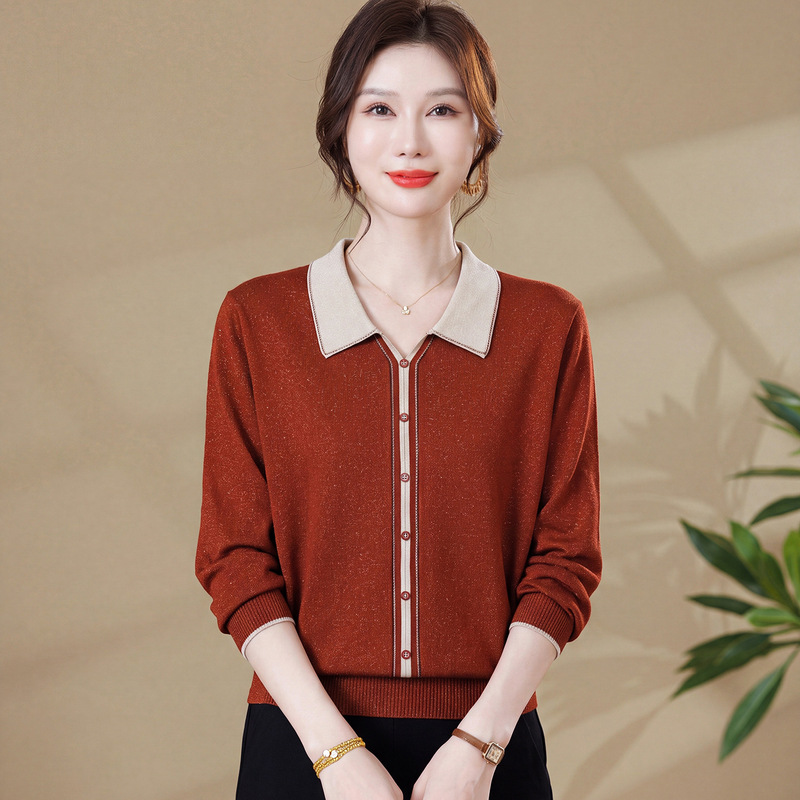 Mother's Autumn Outfit 2026 New T-Shirt for Middle-Aged and Elderly Women, Knitwear with Turn-Down Collar, Nine-Quarter Length, Lightweight Blouse Mother's Autumn Outfit 2026 New T-Shirt for Middle-Aged and Elderly Women, Knitwear with Turn-Down Collar, Nine-Quarter Length, Lightweight Blouse