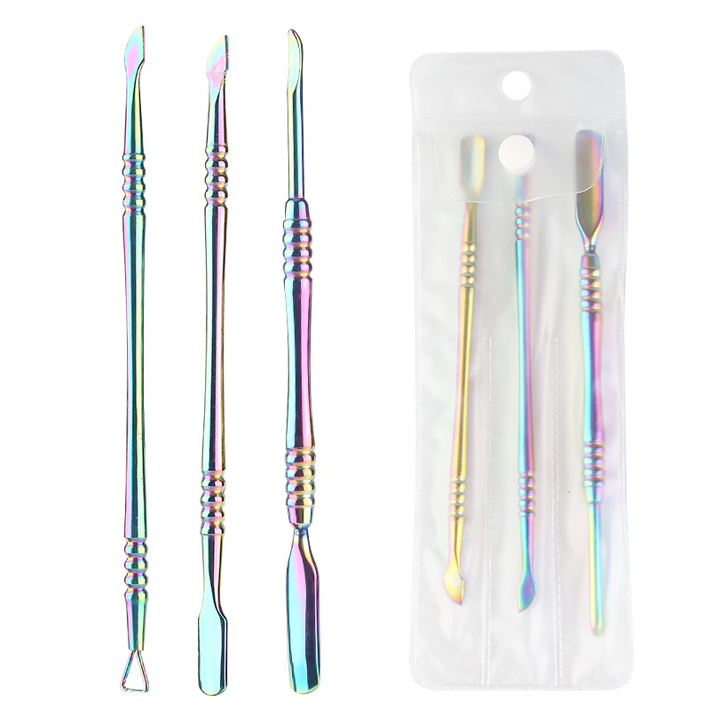 Nuevo color mágico manicura acero empuje piel muerta empuje removedor de uñas empujador de uñas doble cabeza doble uso manicura herramienta traje transfronterizo