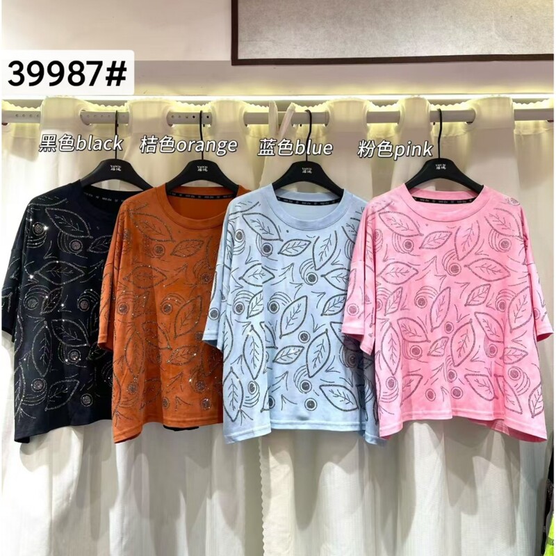 2026 Summer New Cross-Border Round Neck Short-Sleeve T-Shirt for Women, Plus-Size Top, Women's Short-Sleeve Fashion with Heavy Rhinestone Embellishment