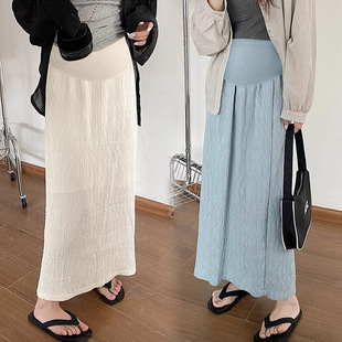 in stock Maternity Dress Spring and Summer Skirt Casual Slimming Split Texture Pleated A- Line Skirt Simple Long Skirt