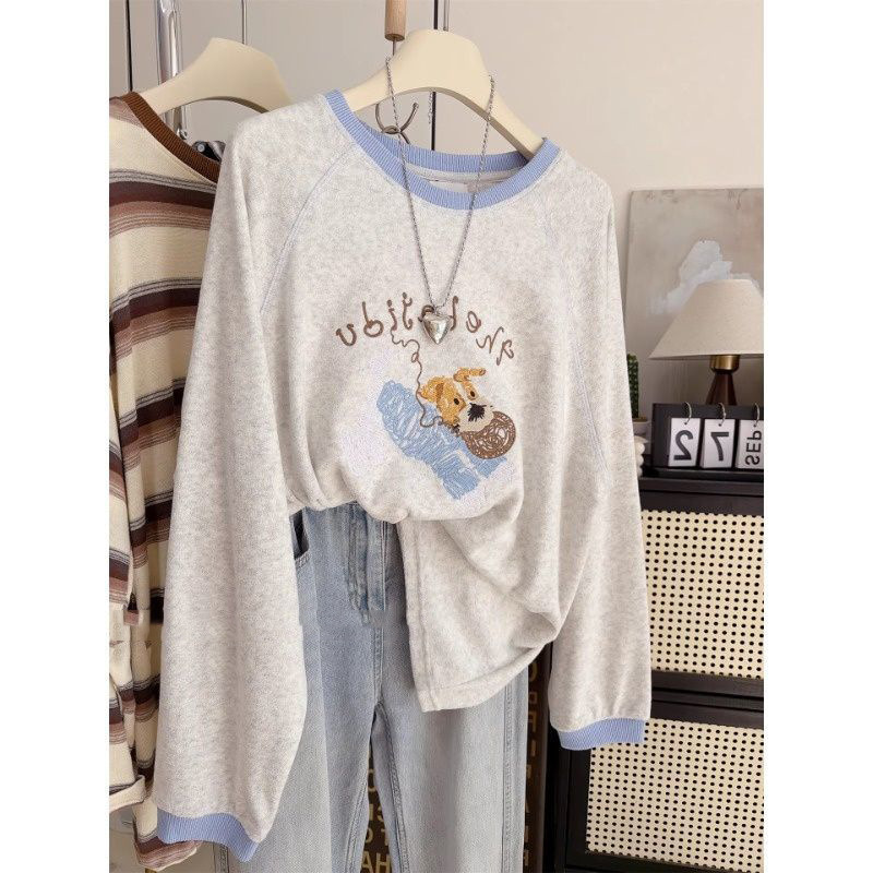 Cross-Border Hot-Selling Brushed Velvet Dog Embroidery Loose-Fitting Youthful Top Women's Plus-Size Korean Style Wide-Sleeve T-Shirt Cross-Border Hot-Selling Brushed Velvet Dog Embroidery Loose-Fitting Youthful Top Women's Plus-Size Korean Style Wide-Sleeve T-Shirt