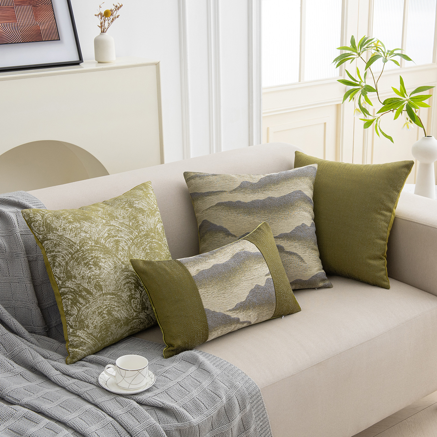 新中式雪尼尔山水提花抱枕靠垫套国风绿色轻奢腰枕客厅沙发靠枕套