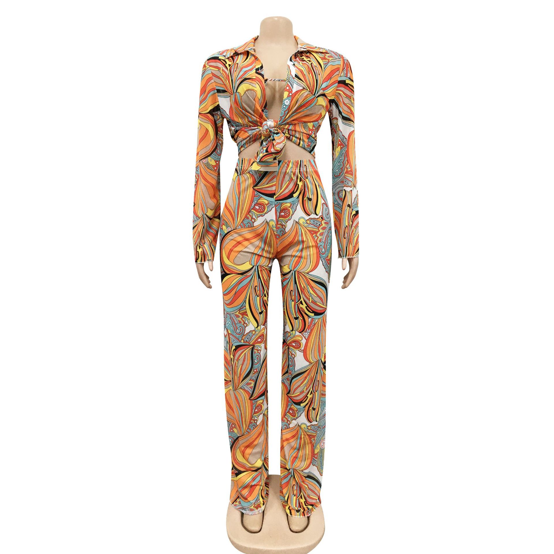 Sexy Mesh See-through Printed Long Sleeve Three-Piece Suit Women Clothing
