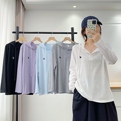 200斤胖妹妹秋装新款简约休闲刺绣半开领长袖帽衫大码打底衫8258