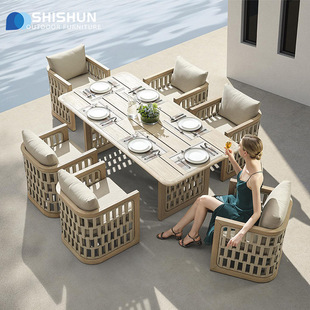 Outdoor Table and Chair Courtyard Teak Dining Table Homestay Waterproof Outdoor Open-air Garden Balcony Creative Solid Wood Rattan Chair Combination
