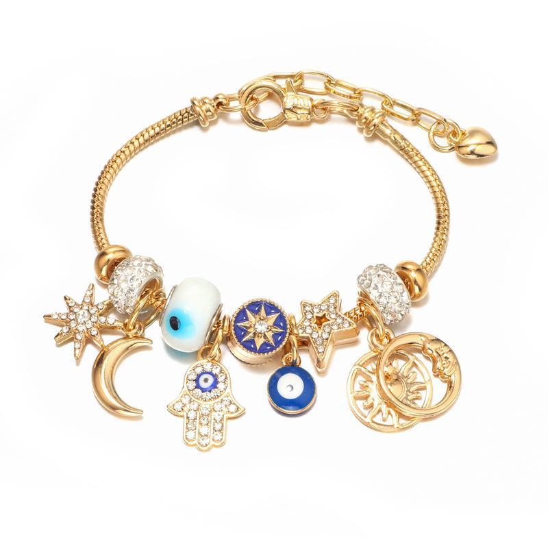 TK's popular gold-plated diamond-studded star and moon bracelet with Pandora-style evil eye and sun pendants, unisex and adjustable