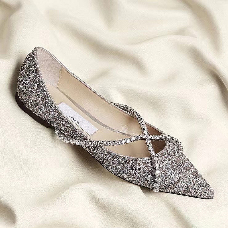 Jc Genevi blingbling Crystal pointed cross crystal diamond chain strap flat shoes women's leather shoes