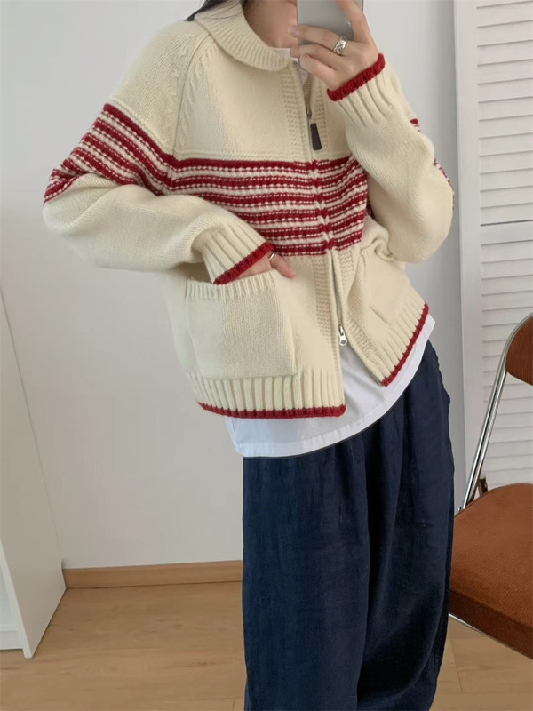 撞色条纹翻领毛衣外套女2025秋冬新款设计感宽松加厚针织开衫上衣|undefined