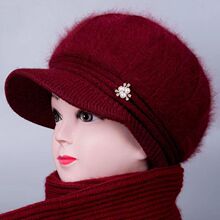 冬女士中老年妈妈帽子奶奶兔毛绒毛线帽老人加绒厚保暖鸭舌针织帽