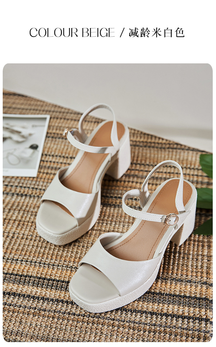 Sandal cao gót nữ quai ngang da thật đế dày chống thấm — Màu đen chi tiết 27