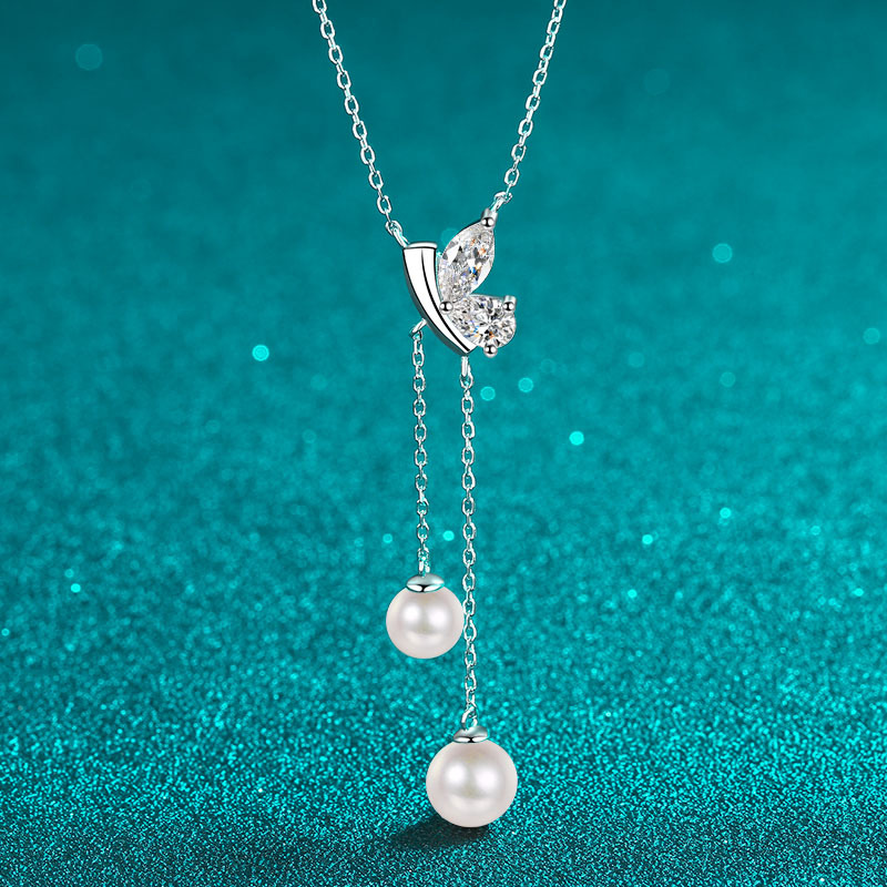 925纯银项链女镶嵌莫桑石淡水珍珠颈链镀pt950金