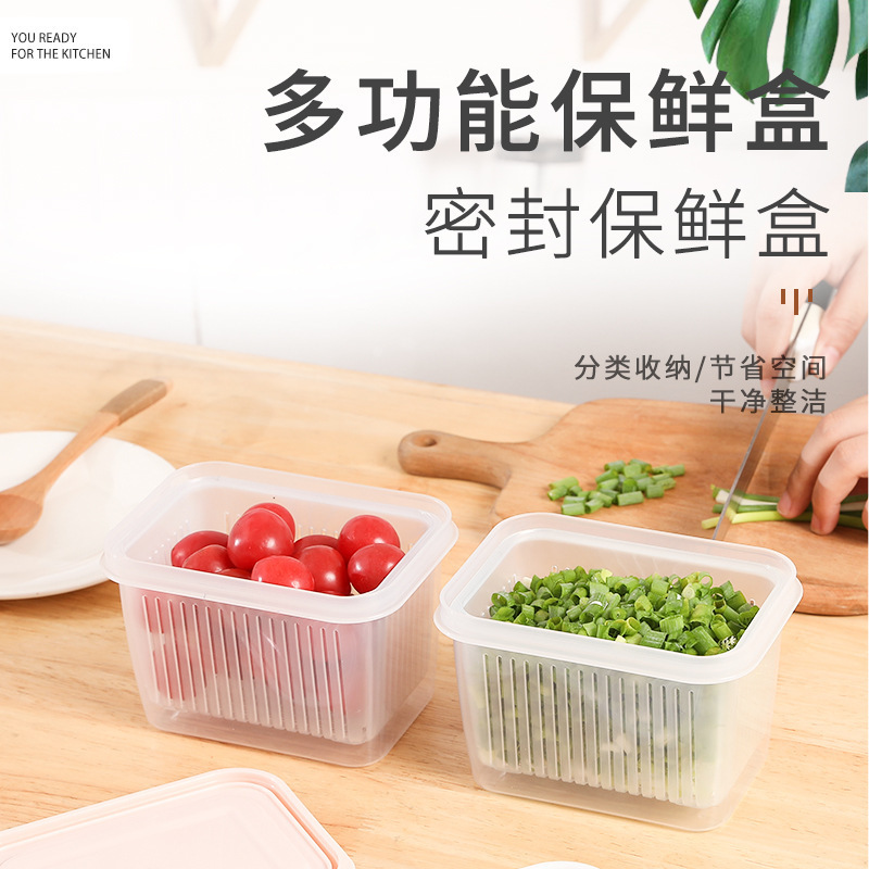 Scallion Fresh-keeping Box Food Grade Scallion Ginger Garlic Storage Box with Lid Double-layer Draining Basket Refrigerator Sealed Cans Household Fruit