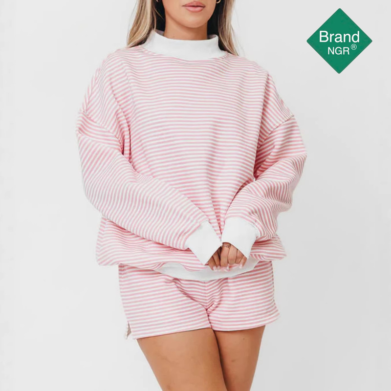 European and American Cross-Border Women's Pink and White Striped Oversized Mock Collar Sweatshirt Breathable Knit Casual Autumn and Winter Ngr European and American Cross-Border Women's Pink and White Striped Oversized Mock Collar Sweatshirt Breathable Knit Casual Autumn and Winter Ngr