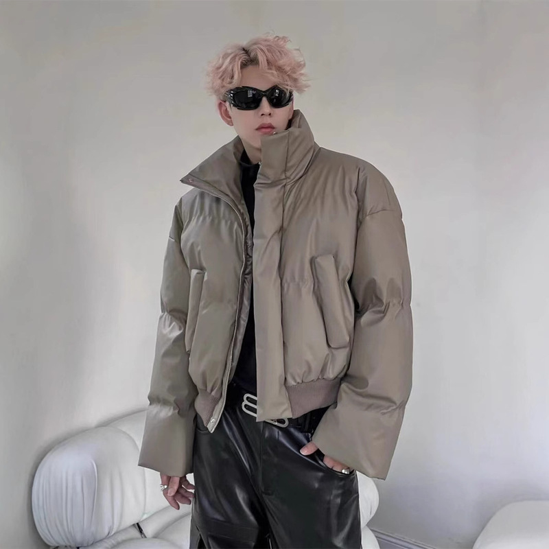 Winter Warm Light Thick American Style Retro Short Wide PU Leather Cotton-padded Jacket Men's Thickened Brown Cotton-padded Jacket Coat Trendy Brand