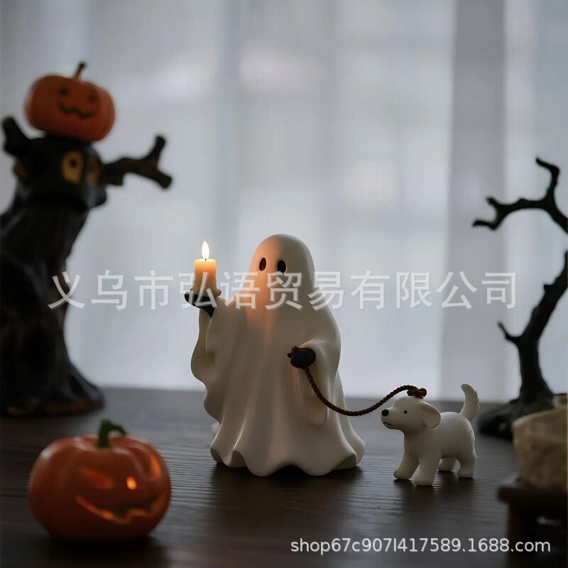 跨境创意树脂工艺遛狗幽灵万圣节装饰节日派对场景装饰桌面摆件|undefined