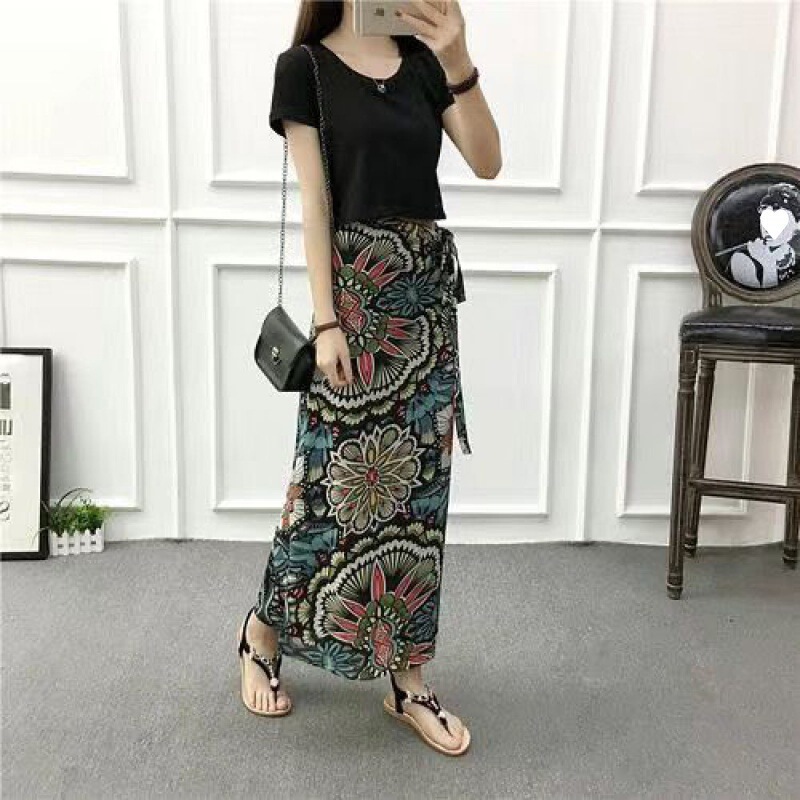 Chiffon Floral Lace-Up Skirt Mid-Length Summer Vacation Sun Protection Beach Skirt One-Piece High-Waist Slimming Wrap Skirt